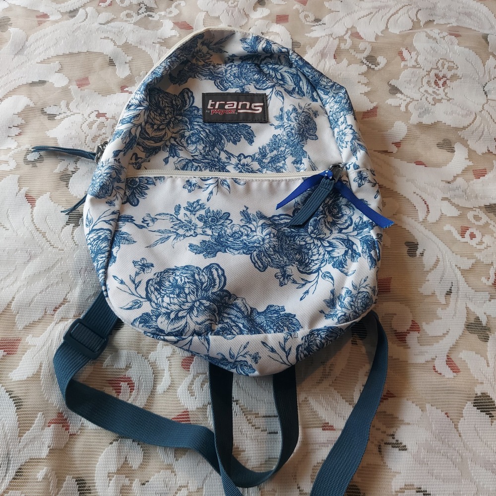Trans by JanSport Mini Backpack Blue White Floral Toile Canvas JS0A3EPH 13x9